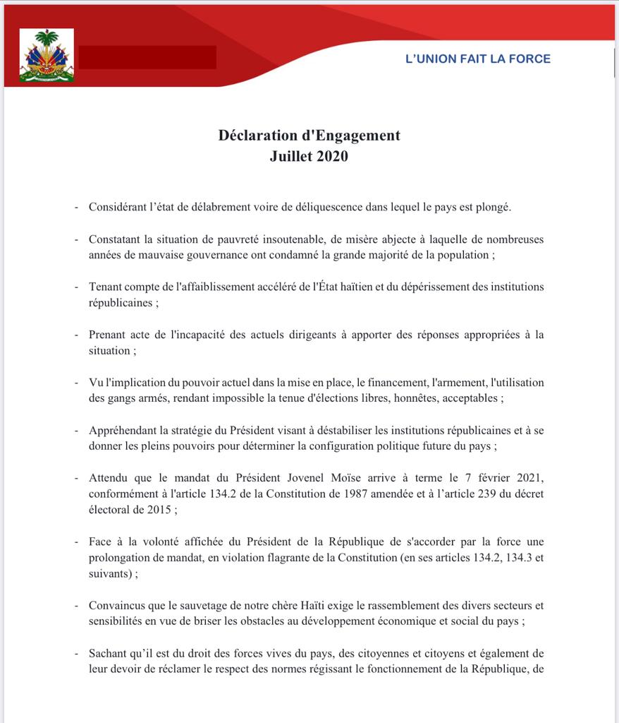 Acte d'engagement des partis de l'opp et de la société civile 